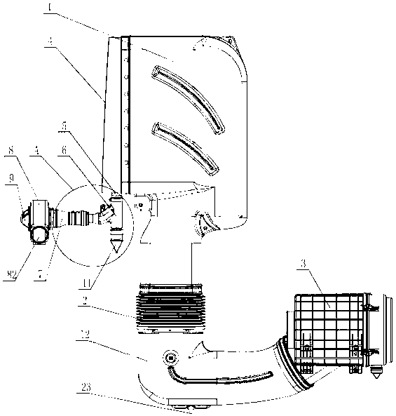 Vehicle engine intake system with fan-ejected dust removal device