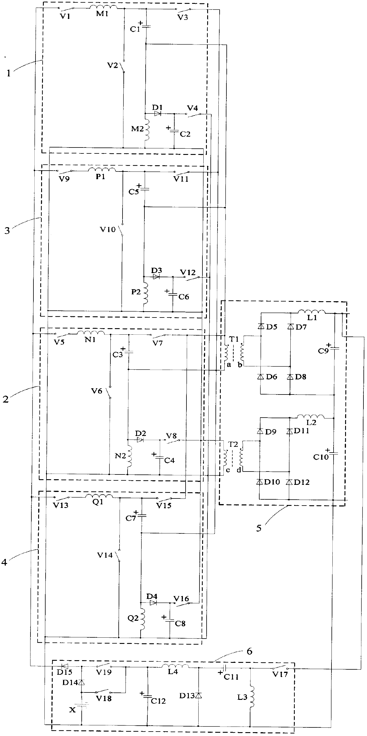 Self-charging forced excitation dual-transformer dual-winding high-gain AC switched reluctance motor converter