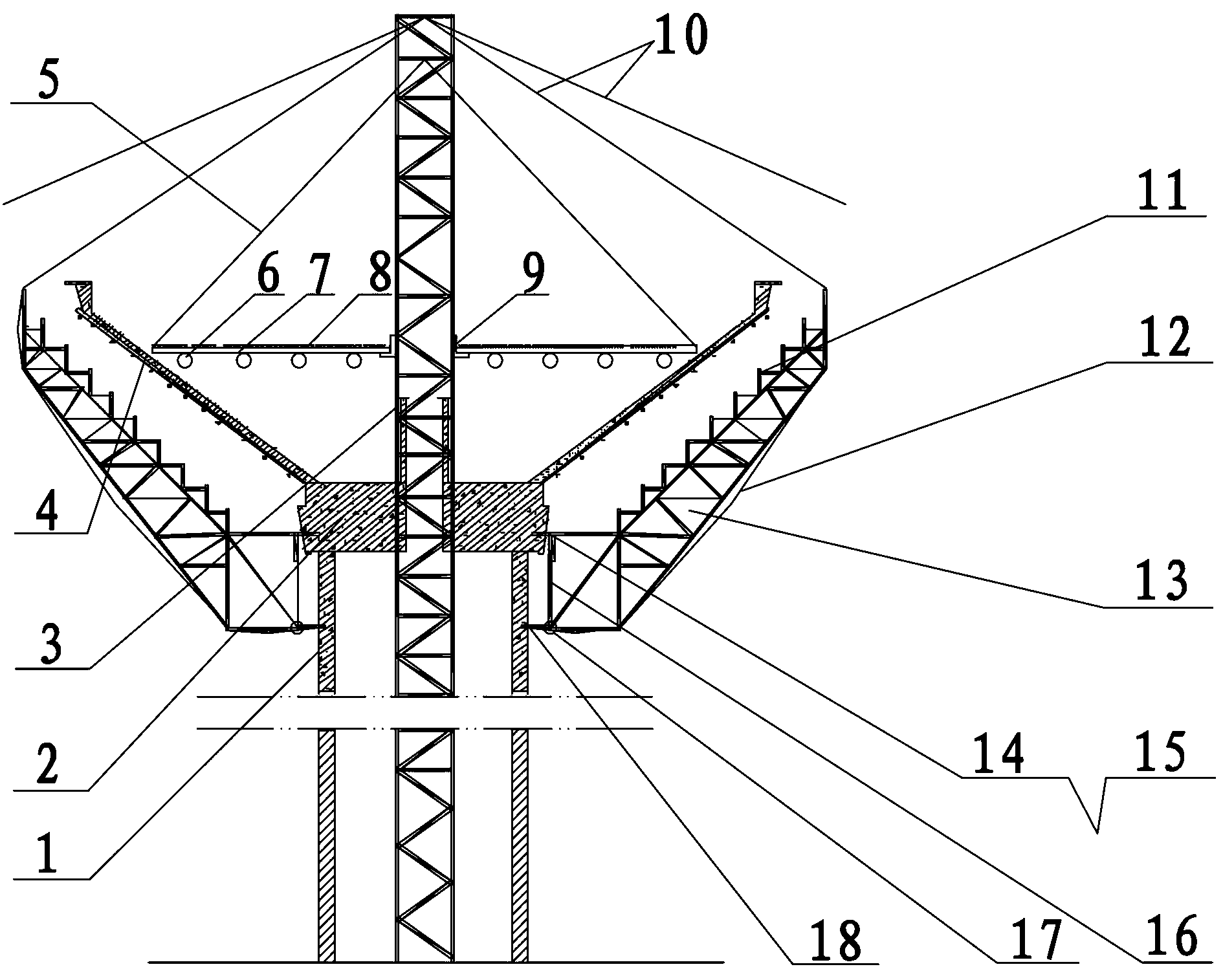 Grid-type formwork supporting and operating platform for construction of water tank on top of inverted-cone water tower