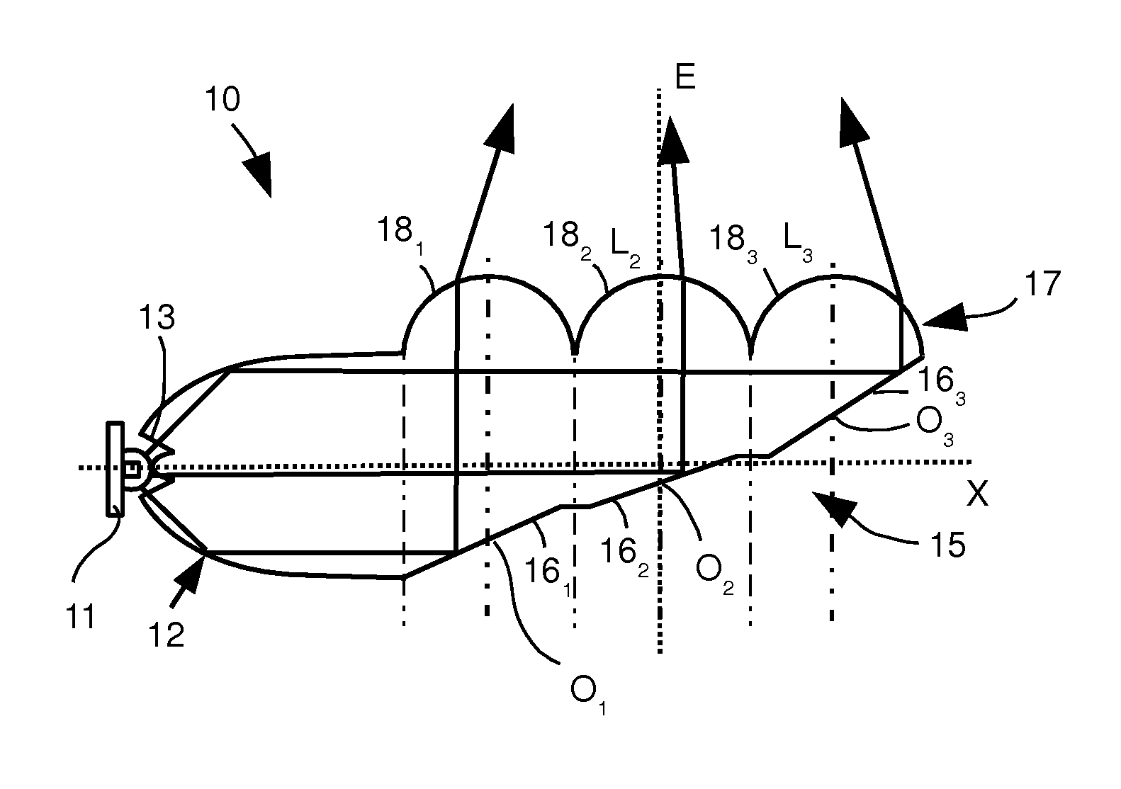 Automotive vehicle optical device having dioptric elements integrated into the light duct