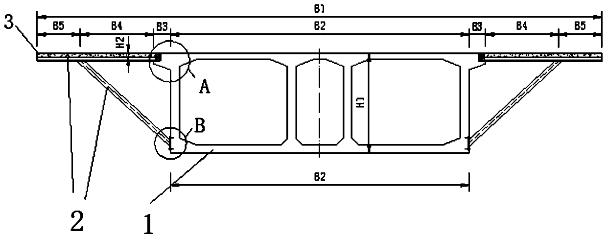 Superstructure and construction method for wide-width box girder extradossed cable-stayed bridge