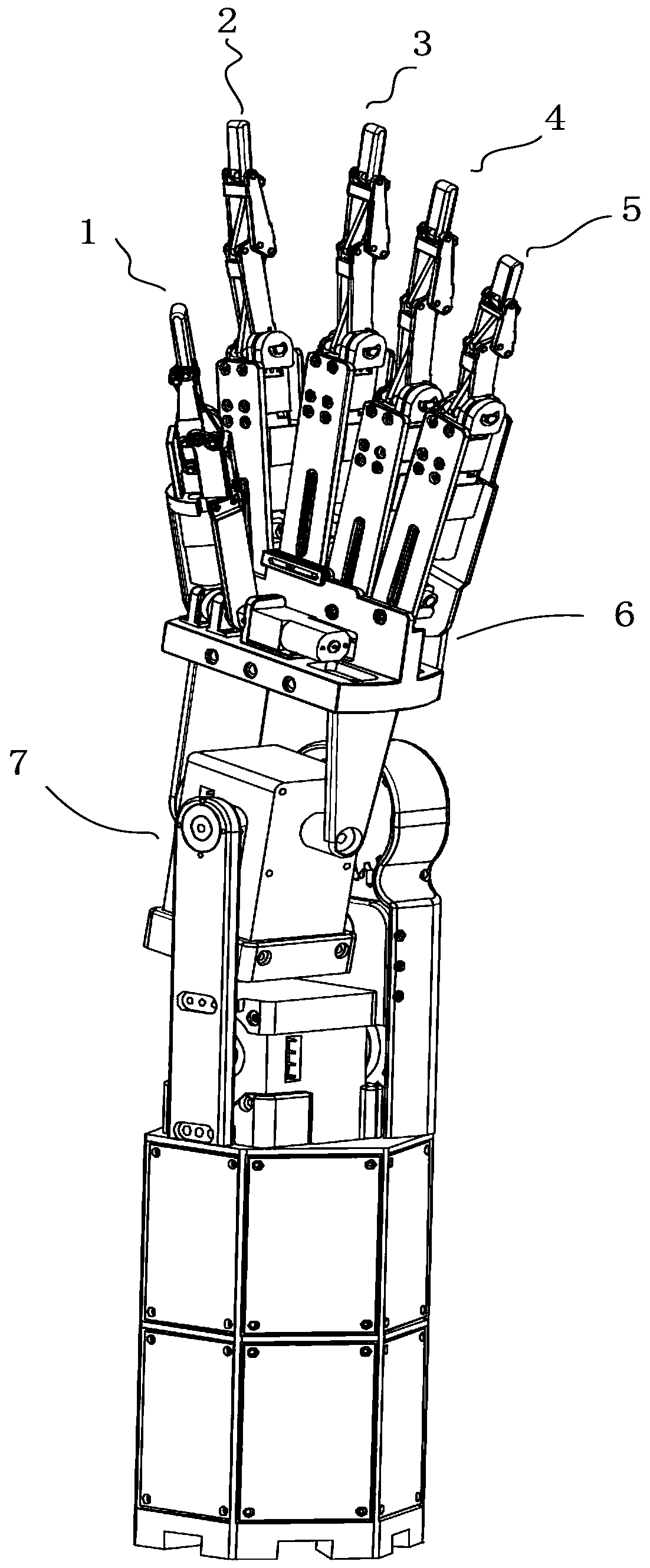 Under-actuated dexterous hand with bifurcated palm and coaxial rotating wrist