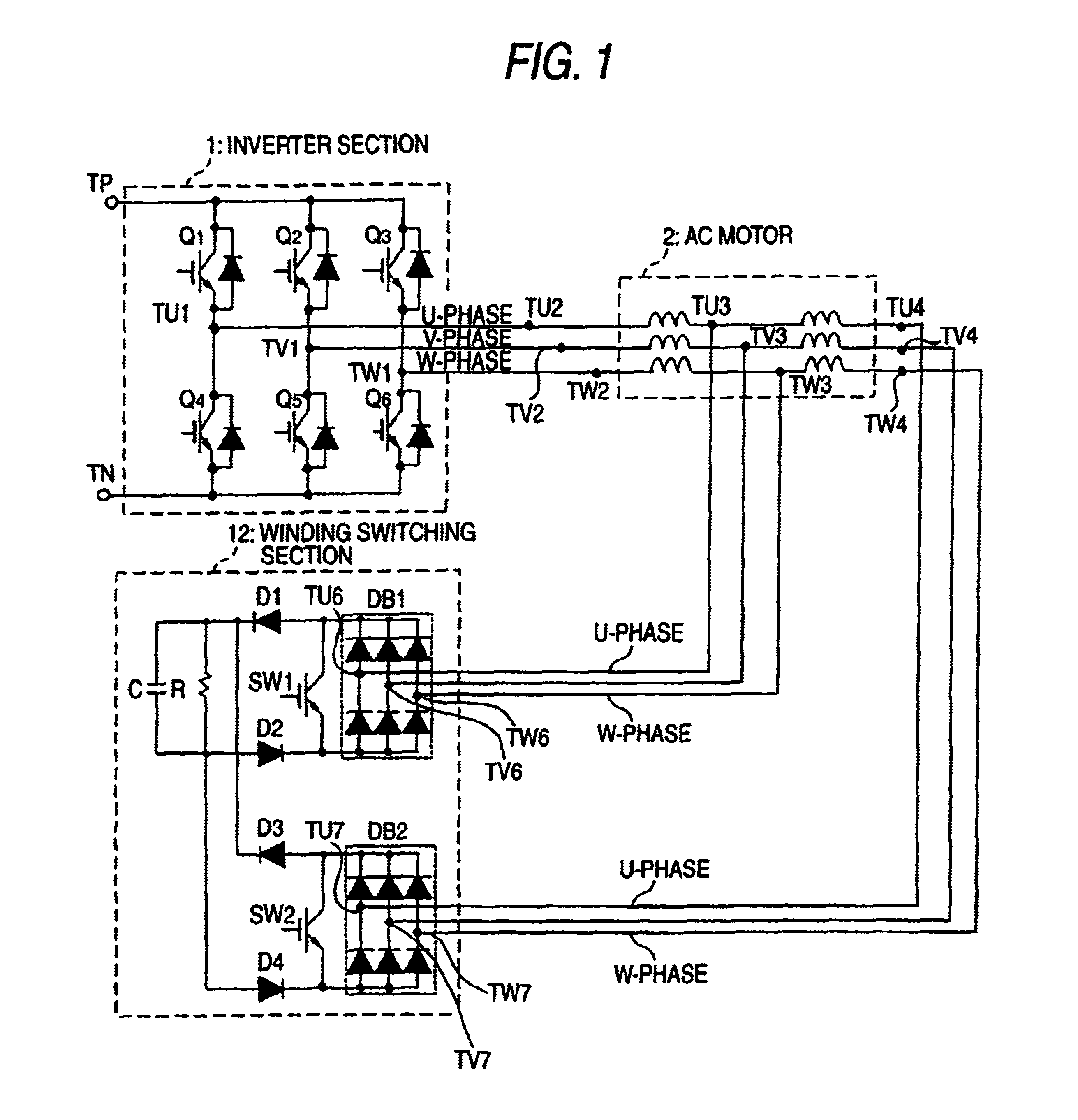 Apparatus for switching windings of AC three-phase motor