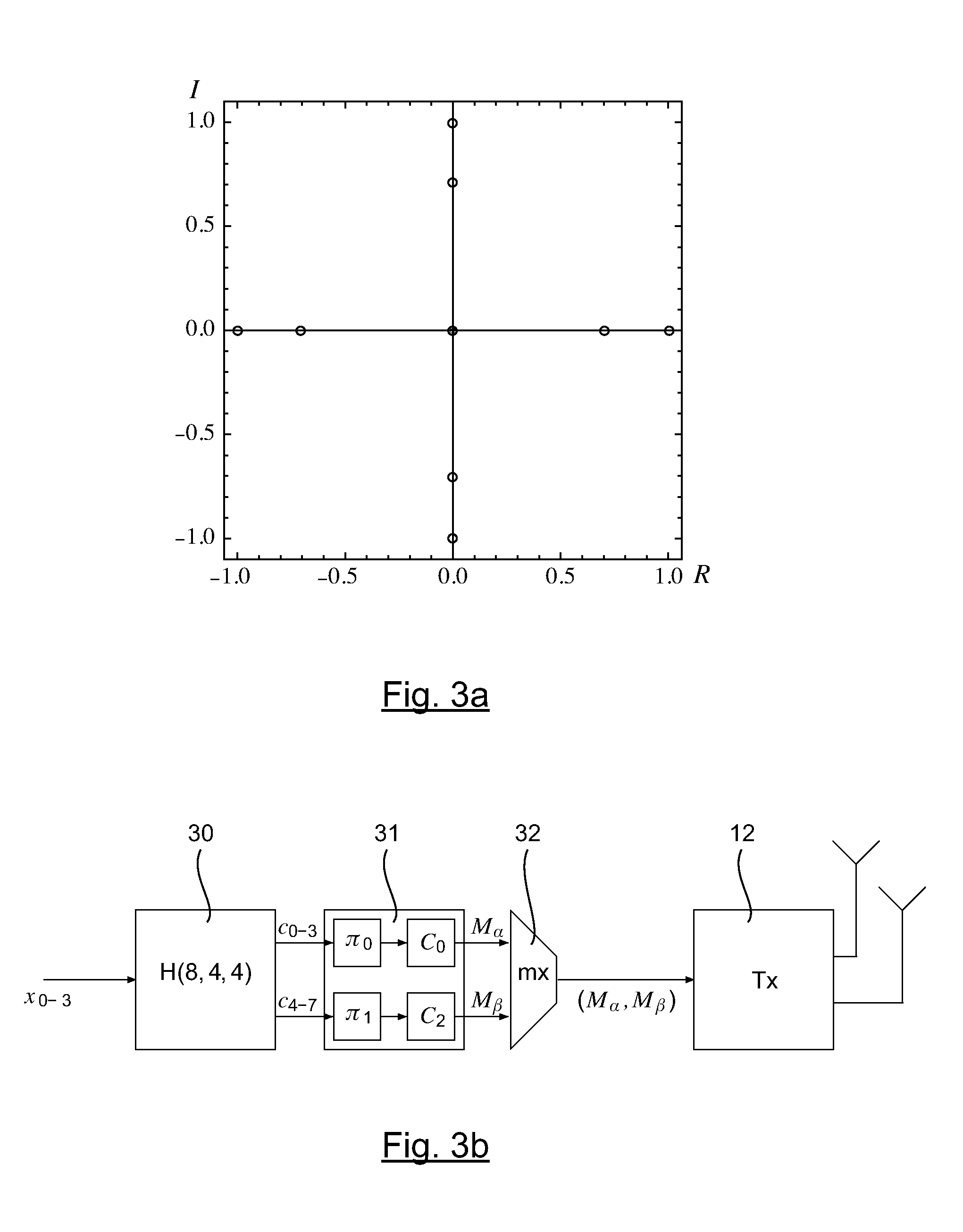 Method and device for transmission and reception in a multi-input and multi-output channel distributing a code word between several mapping matrices, and corresponding computer program