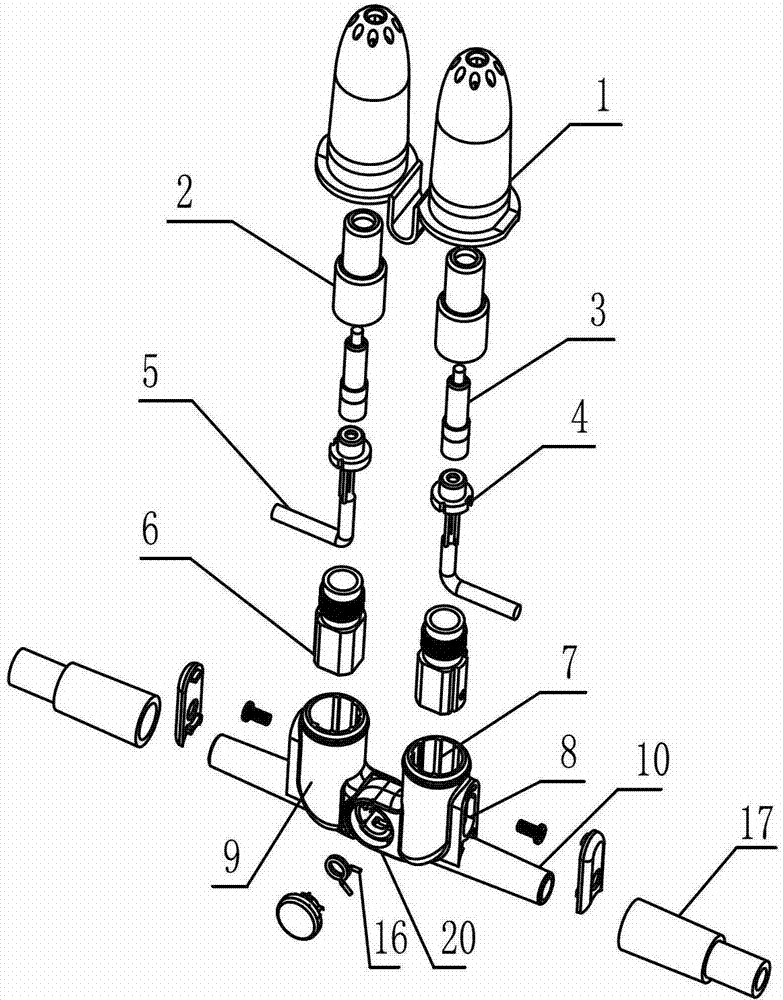 Double treatment head terminal connection structure that can do laser and oxygen therapy at the same time