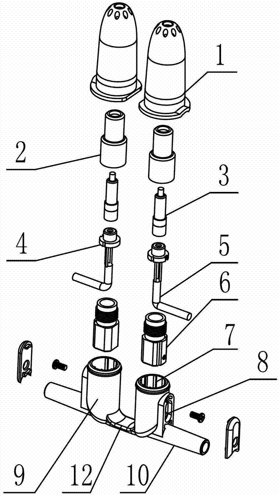 Double treatment head terminal connection structure that can do laser and oxygen therapy at the same time