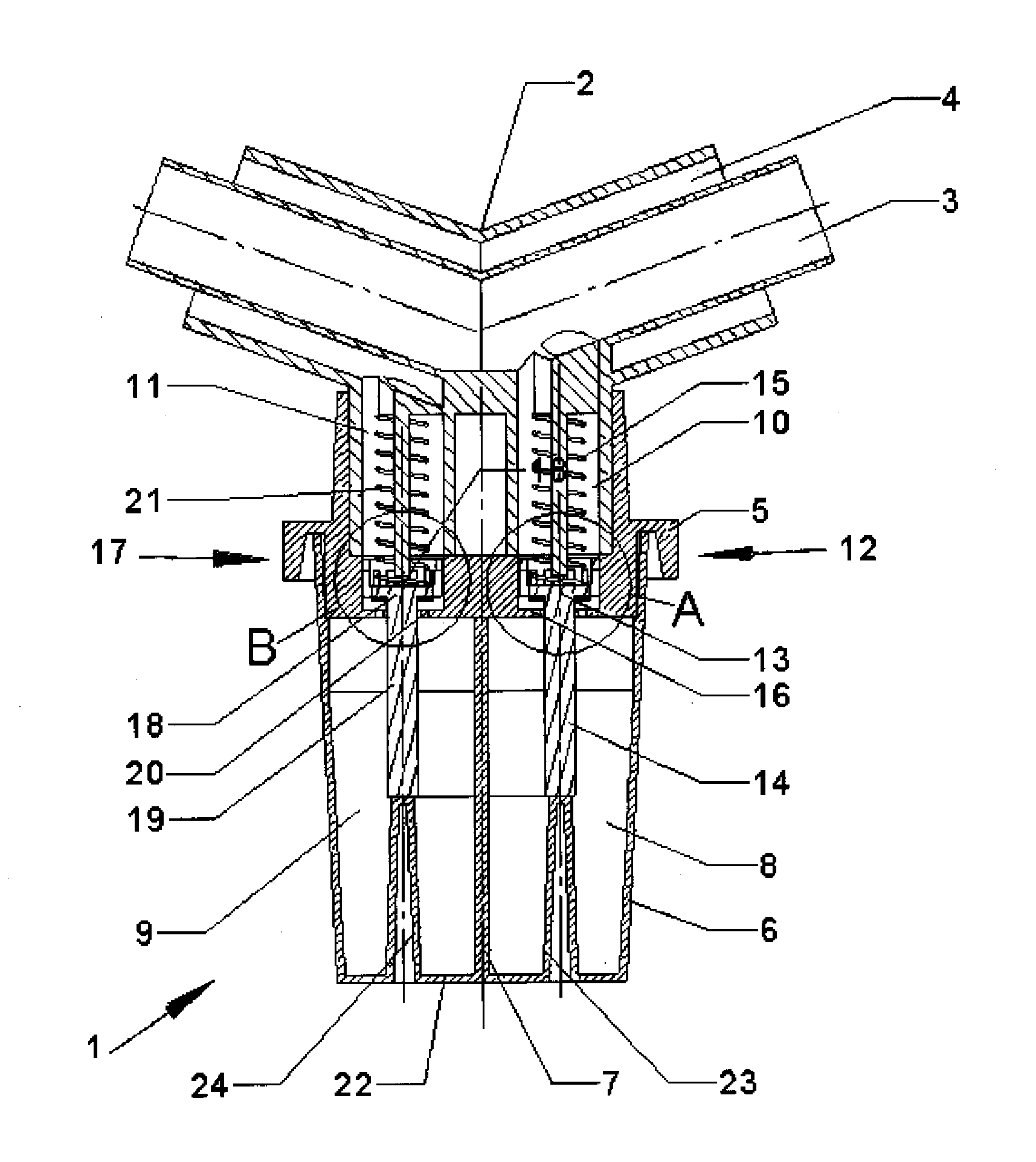Device for separating condensate from a coaxial breathing gas line