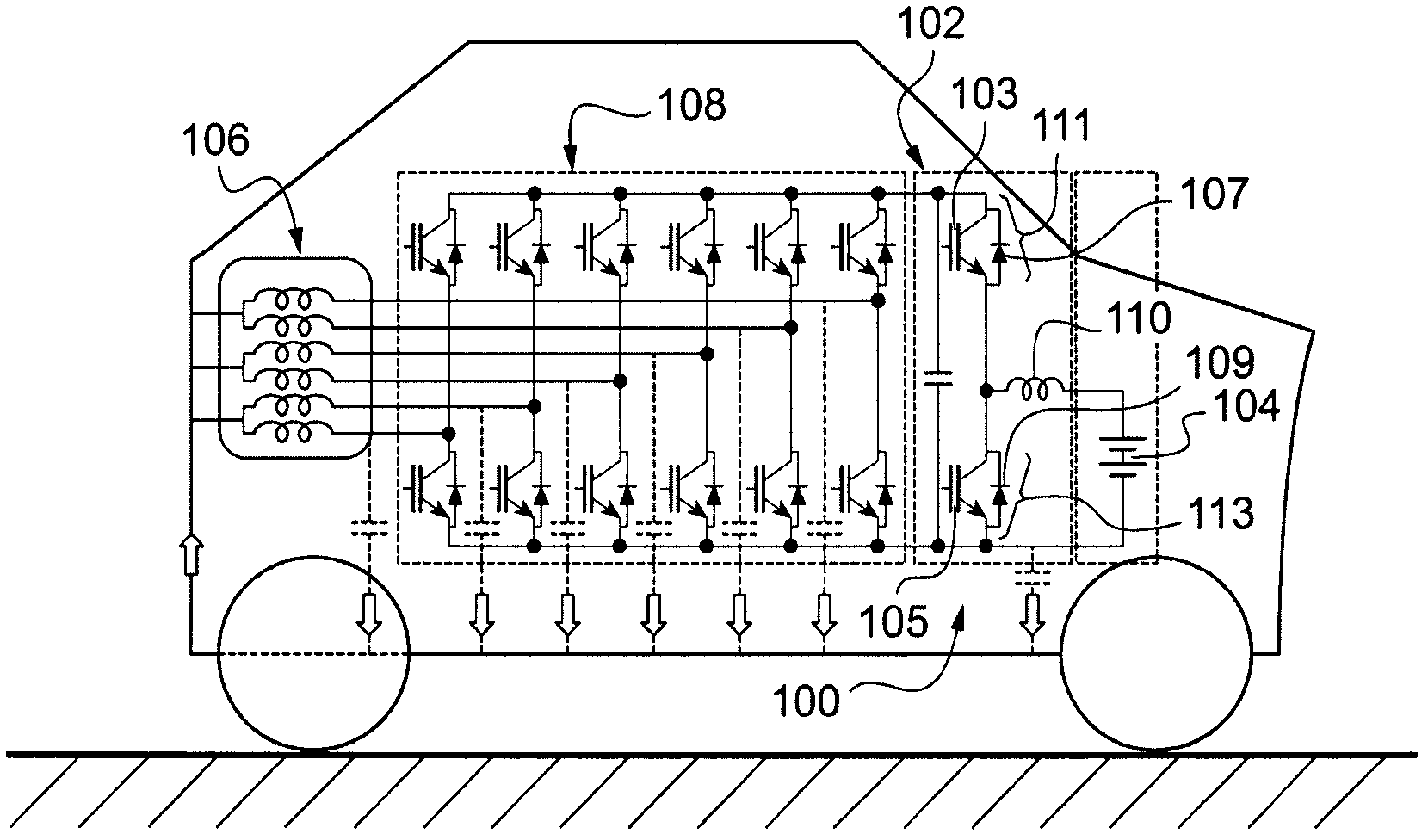 Converter which is designed to be used on motor vehicle and provides electric propulsive force circuit