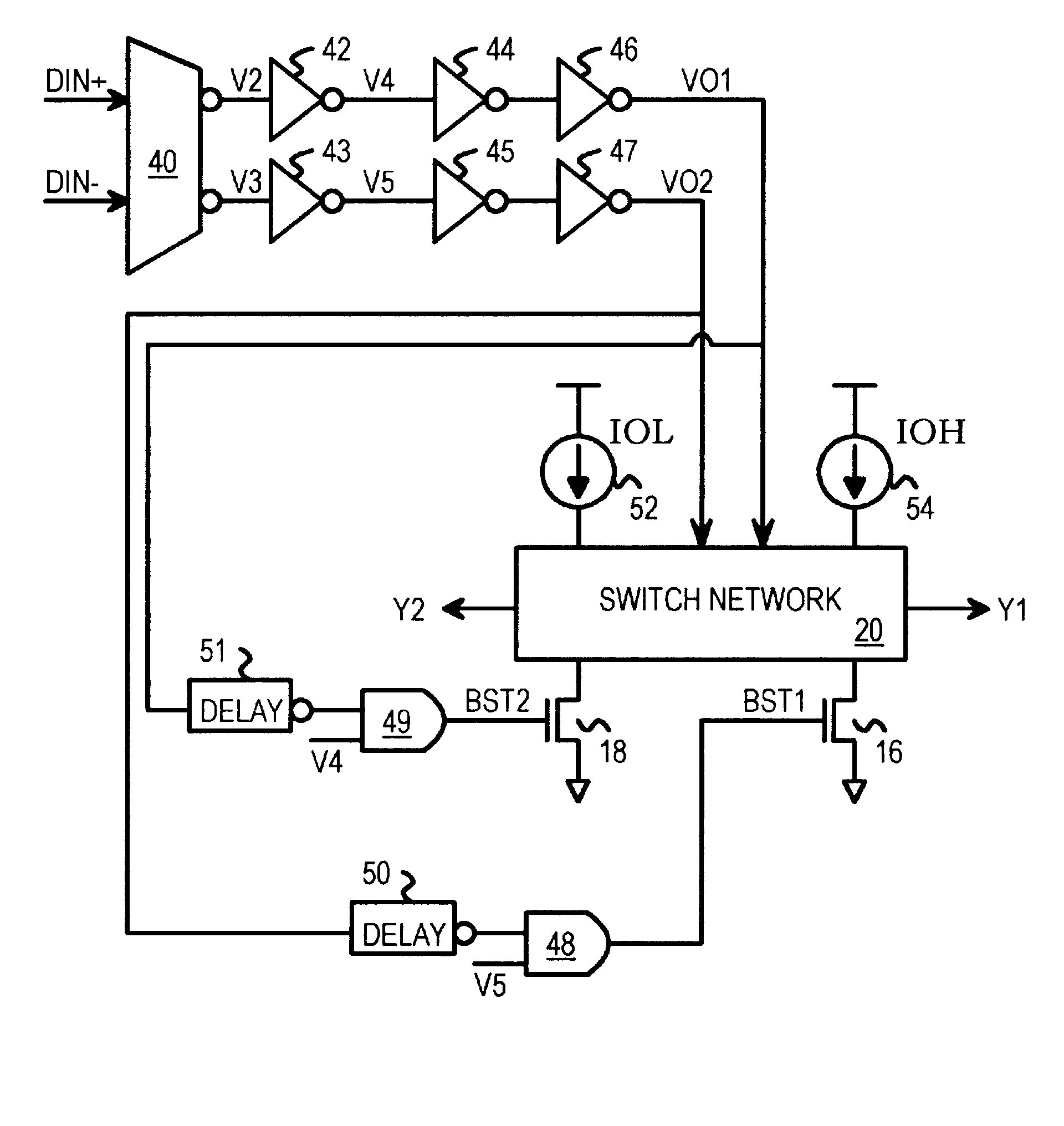 Switched IOH and IOL current sources for CMOS low-voltage PECL driver with self-timed pull-down current boost