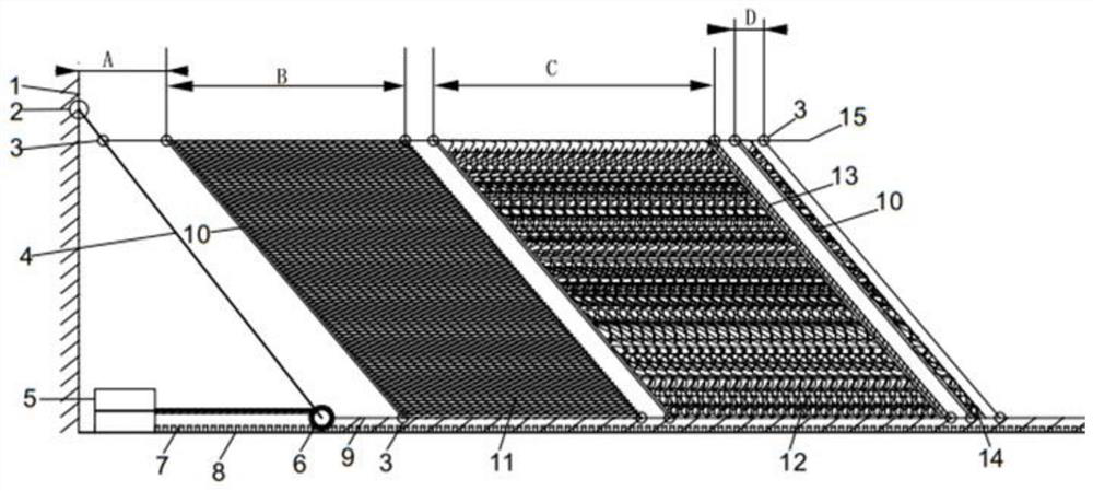 A device for eliminating reflected waves at the end of a drag pool with adjustable angles