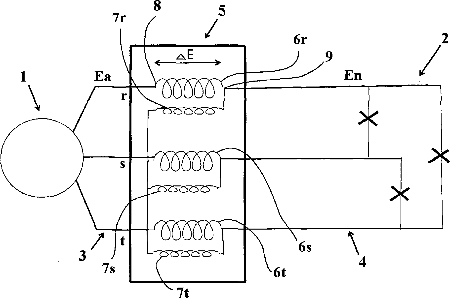 Induction regulator for controlling energy flow used in alternating current transmission network, and method for controlling the network
