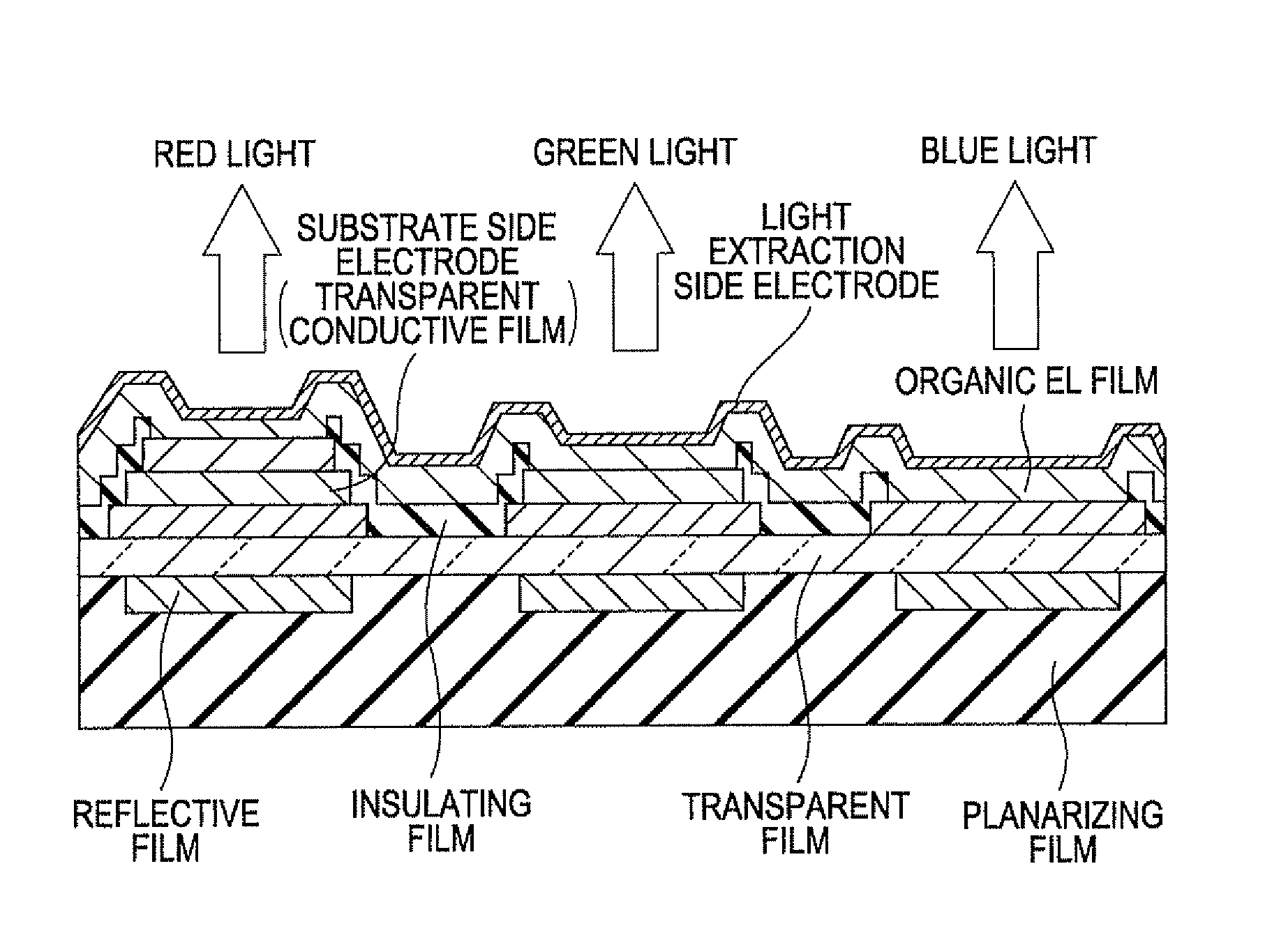 Light emitting device with transmissive film patterned in a stepwise shape and method of manufacturing the light emitting device