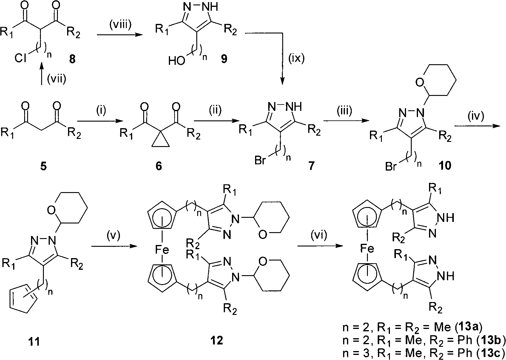 Polymethylene-bridged ferrocenyl bipyrazole and synthetic method thereof