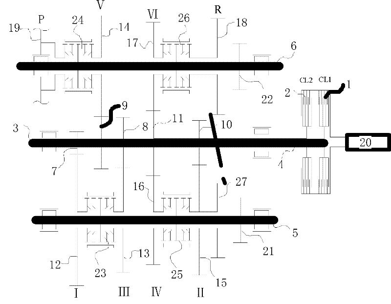 Double-clutch transmission with synchronizer parking device and without reversing shaft