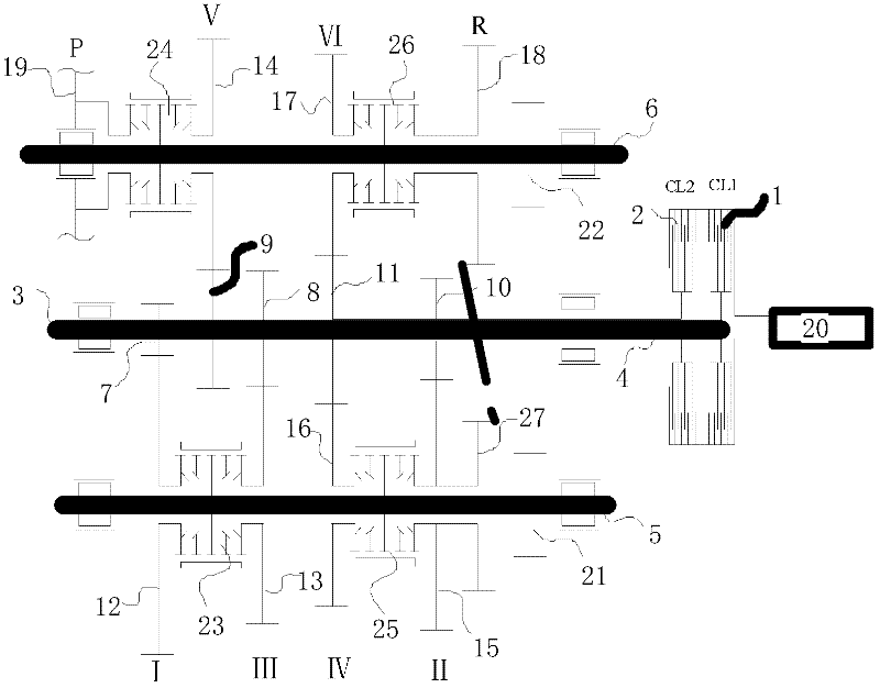 Double-clutch transmission with synchronizer parking device and without reversing shaft