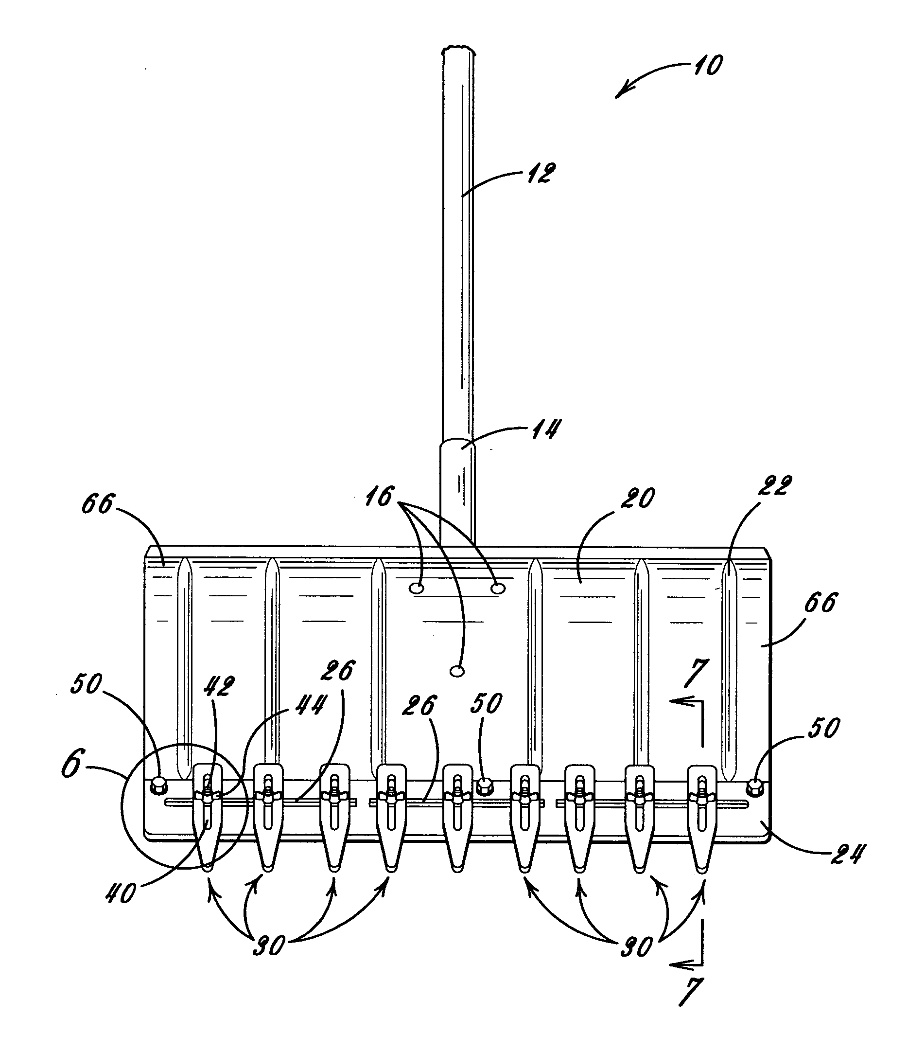 Hand manipulated pusher apparatus with adjustably spaced teeth for cleaning uneven corrugated surfaces