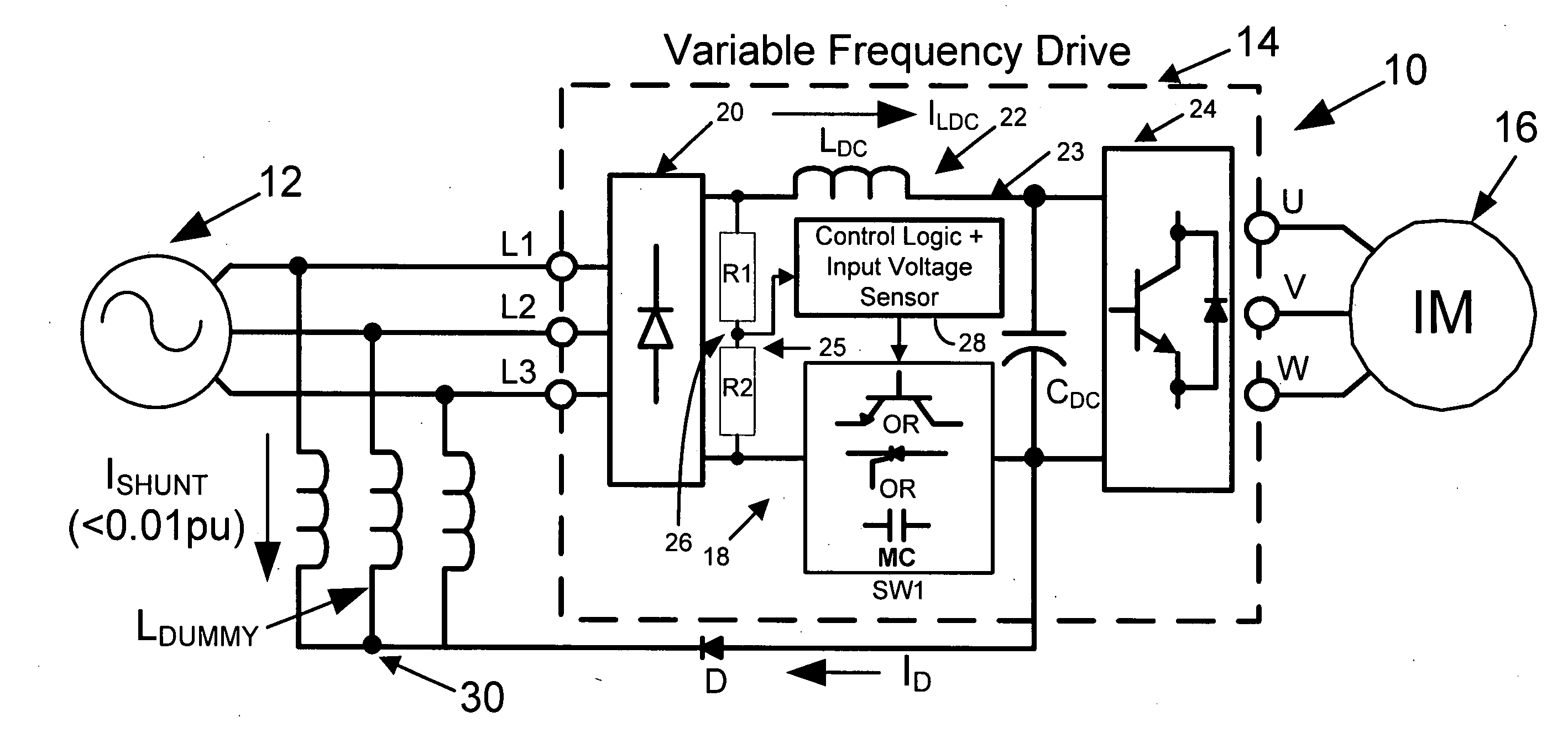 Low stress soft charge circuit for diode front end variable frequency drive