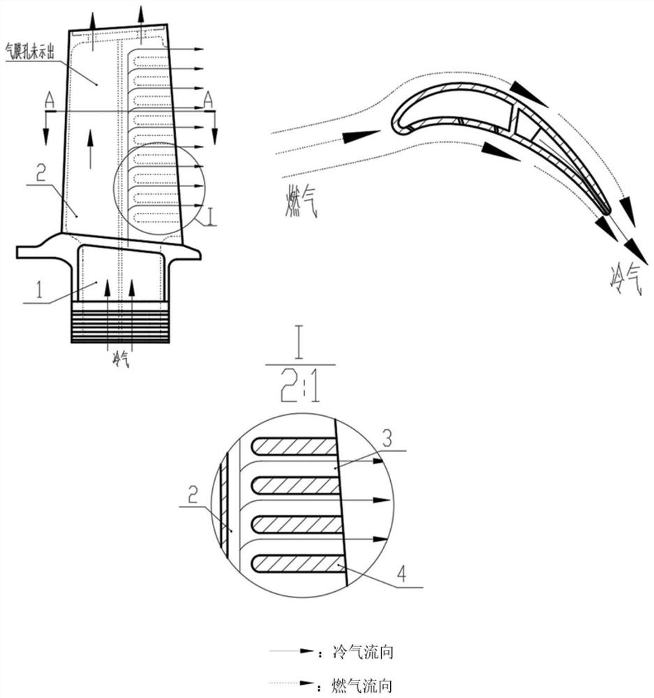 A kind of cooling structure of turbine blade separation, lateral rotation and re-convergence