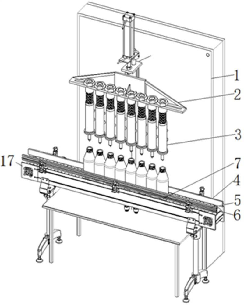 A fixed spacing structure of a detergent filling line