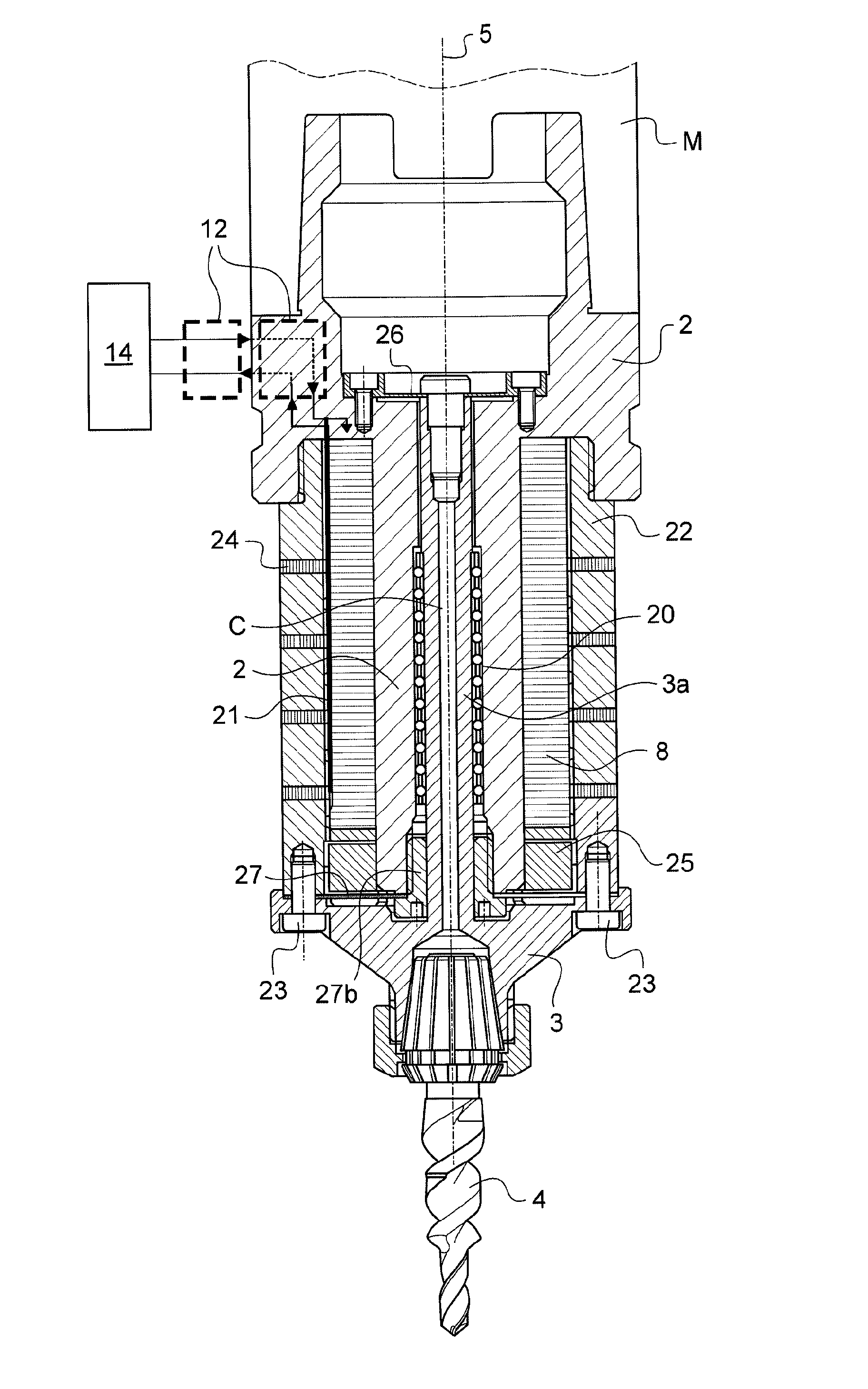 Drilling head with axial vibrations