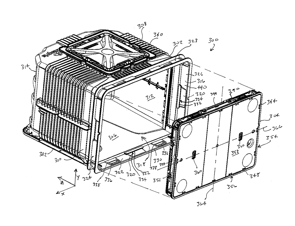 Wafer container with door guide and seal