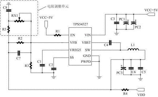 A step-down converter circuit with adjustable voltage