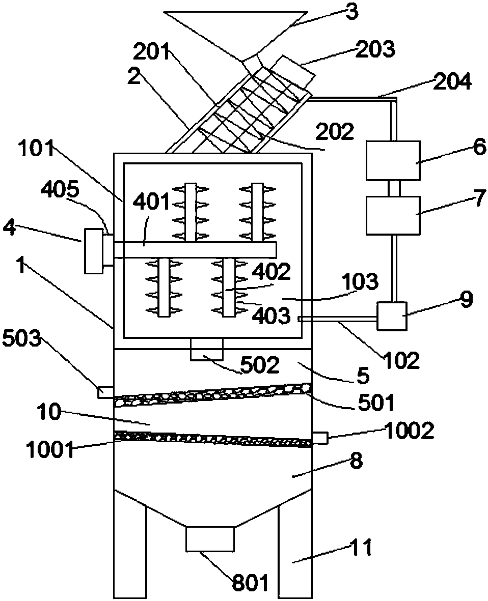 Feed mixing and filtering device