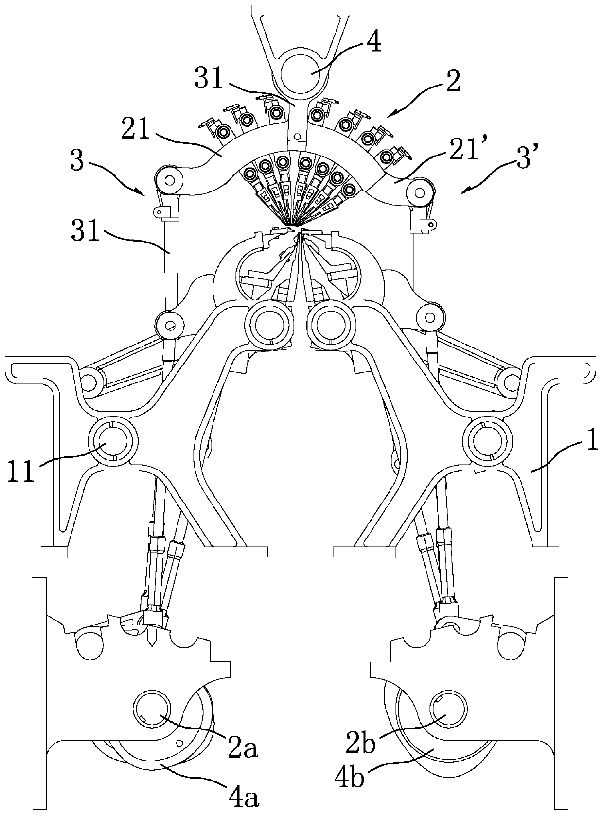 Warp knitting machine with bilaterally-driven guide bar-bed assembly