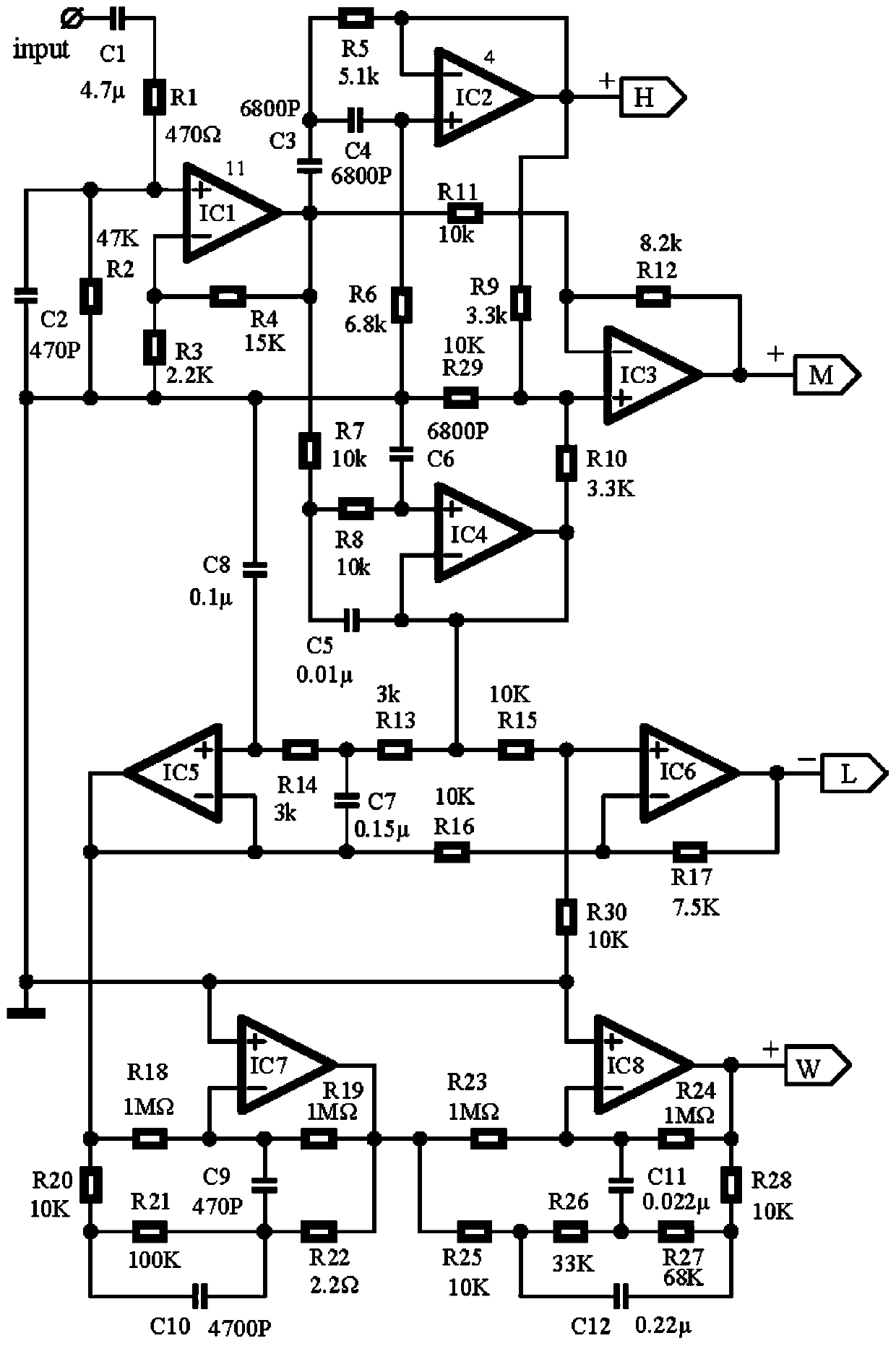 A subtractive electronic four-frequency audio circuit and method