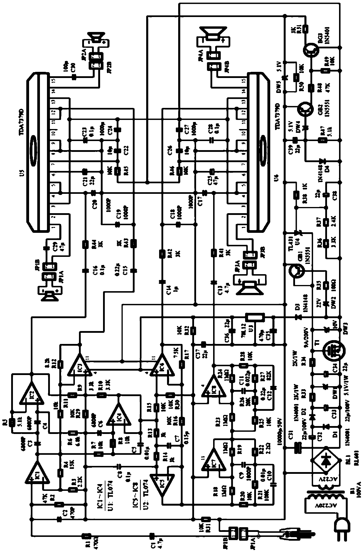 A subtractive electronic four-frequency audio circuit and method
