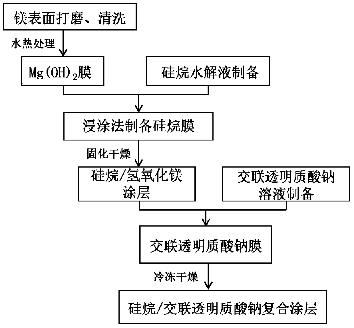 Preparing method for magnesium and magnesium alloy with surface provided with silane/sodium hyaluronate composite coating