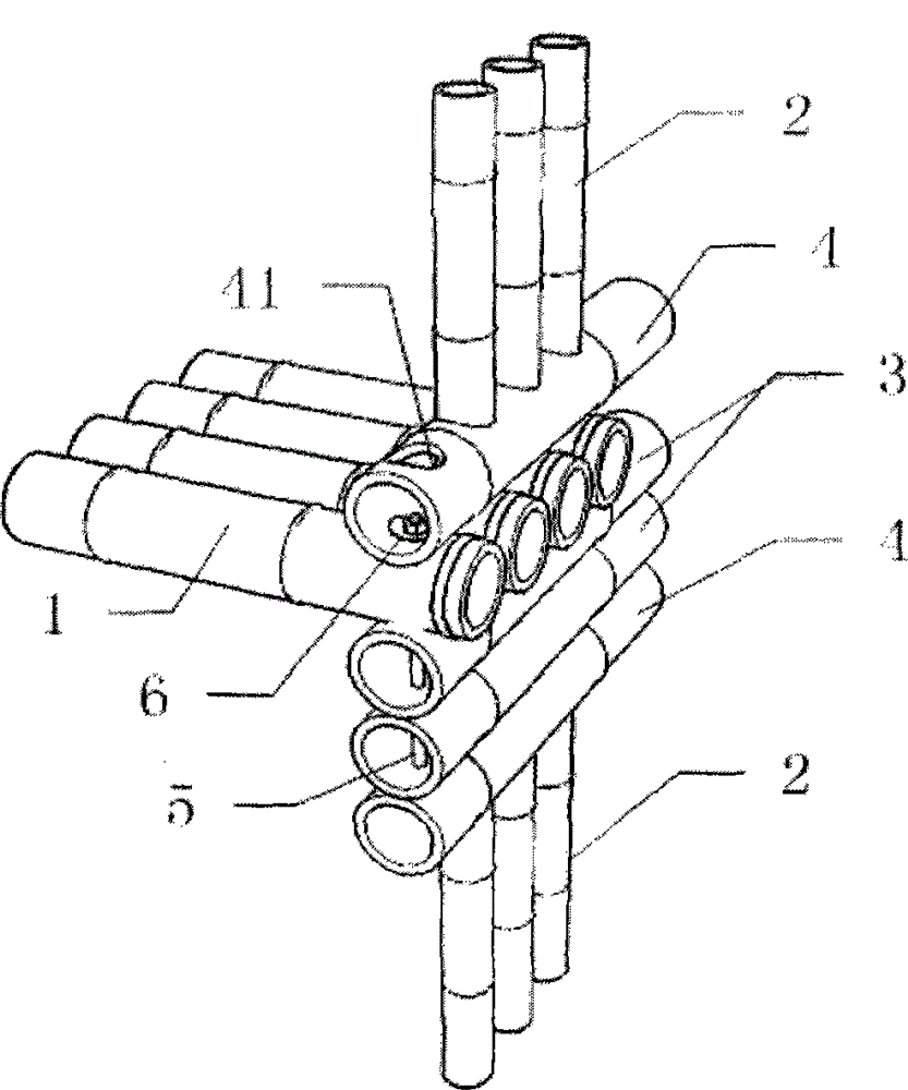 Connecting structure of raw-bamboo floor, wall and beam