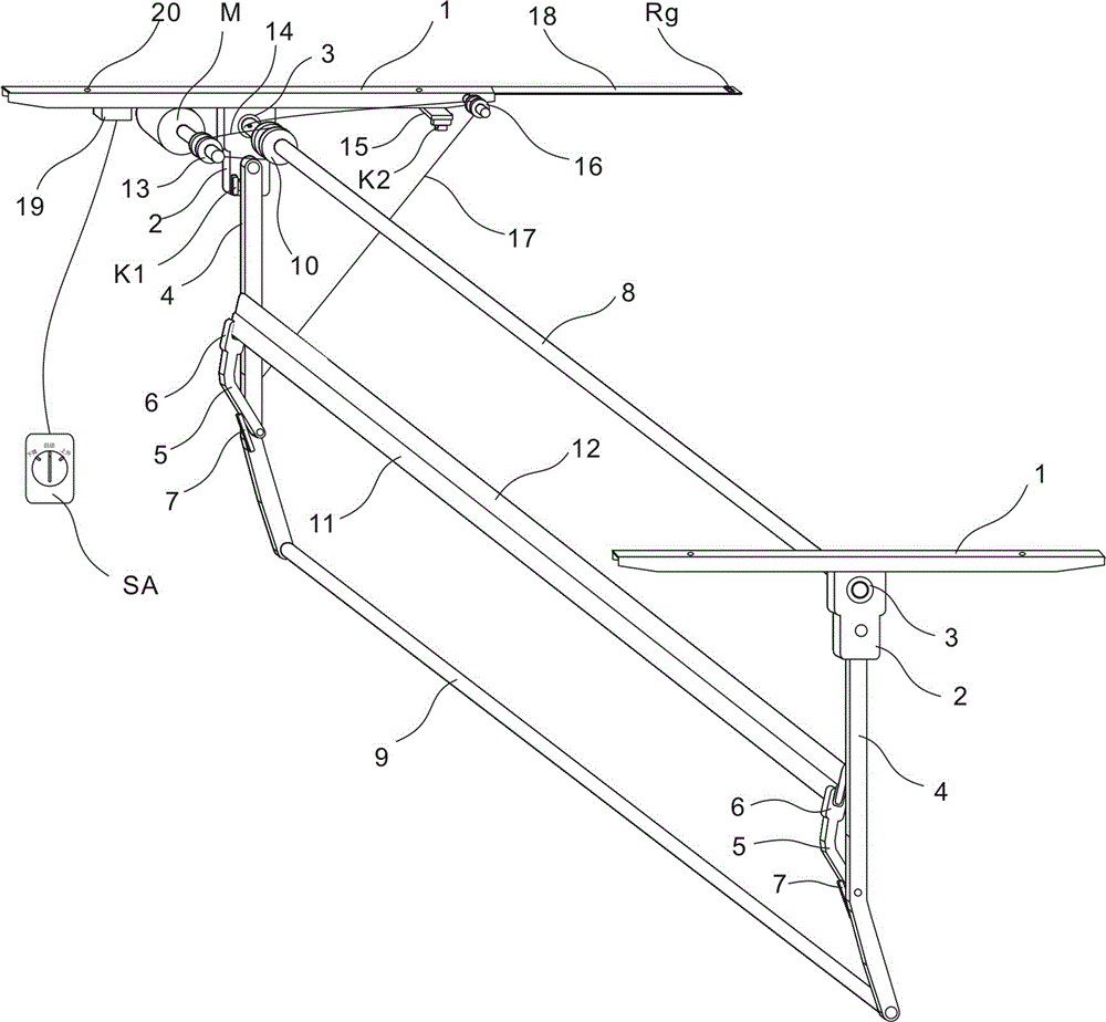 A clothes drying device installed under the suspended ceiling of the balcony