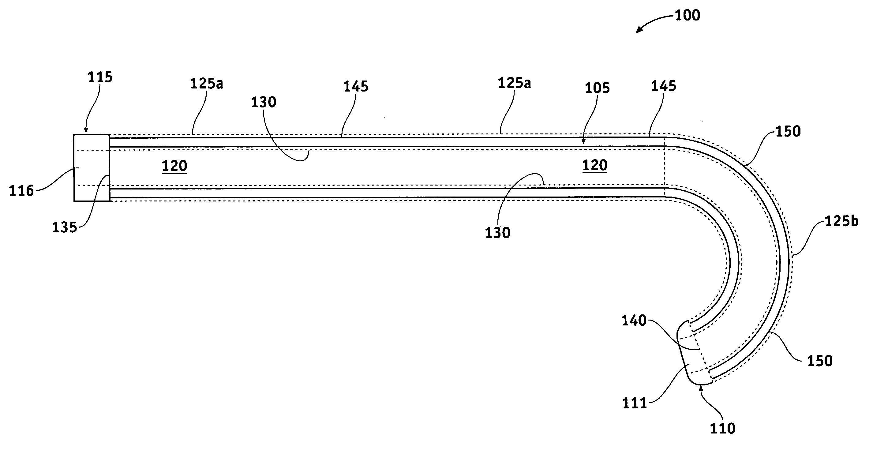 Curved catheter comprising a solid-walled metal tube with varying stiffness