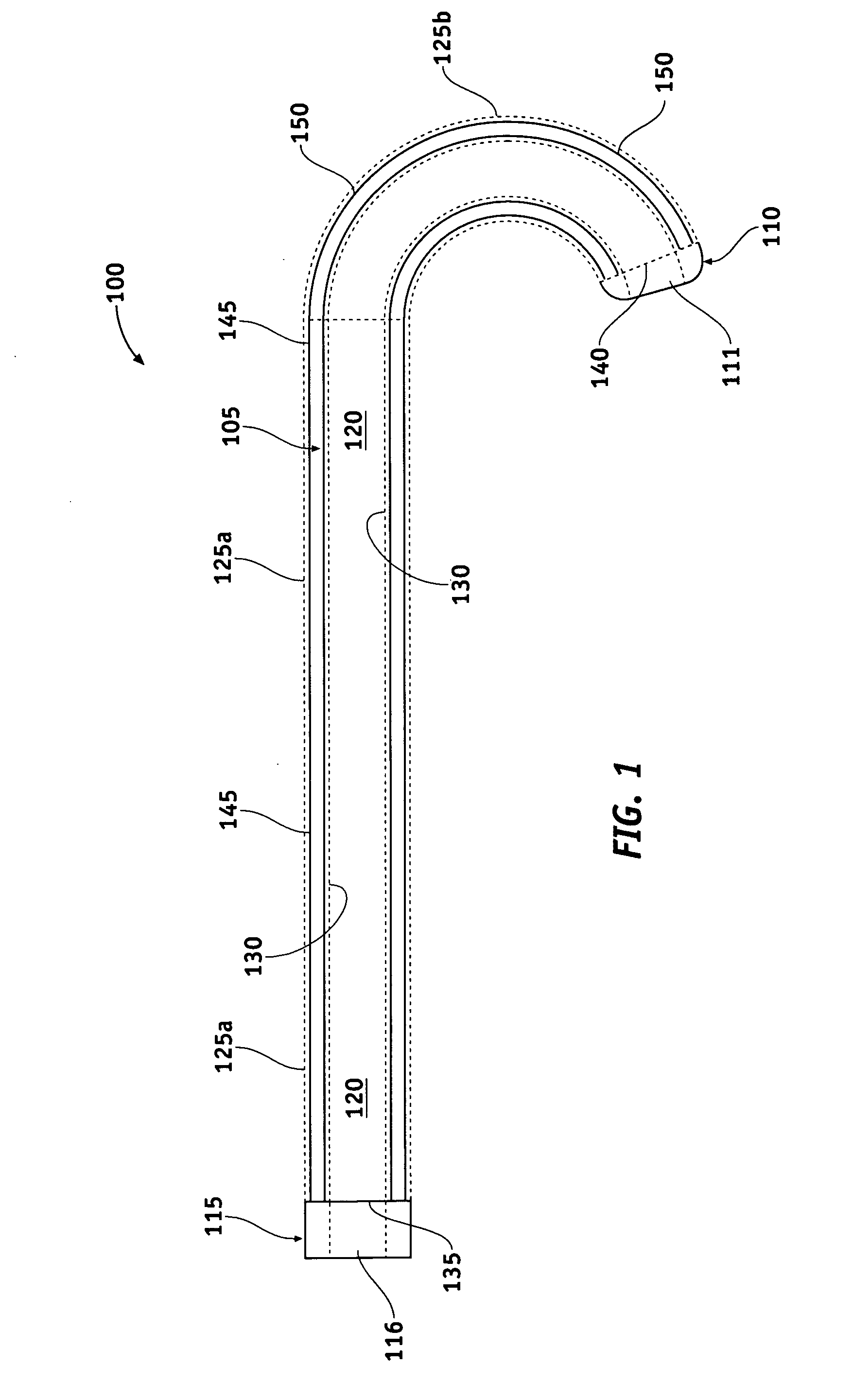 Curved catheter comprising a solid-walled metal tube with varying stiffness