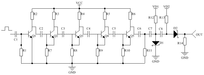 Large-amplitude picosecond-level narrow pulse generating circuit