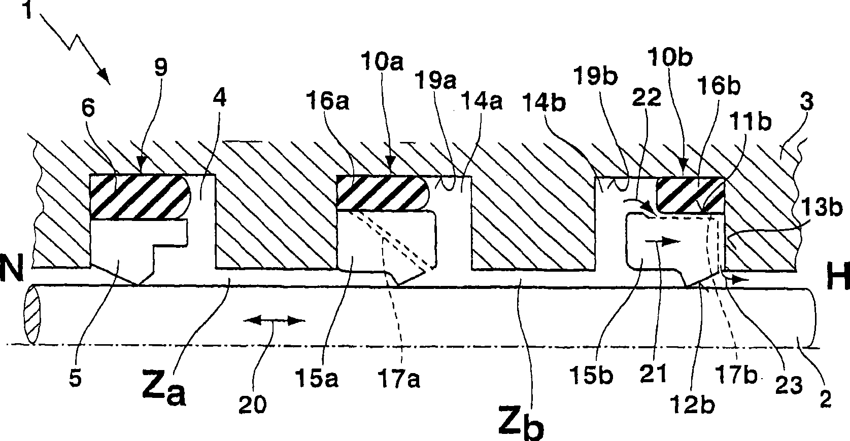 Sealing system with pressure relief elements and use of a sealing system for producing a pressure cascade in an intermediate space