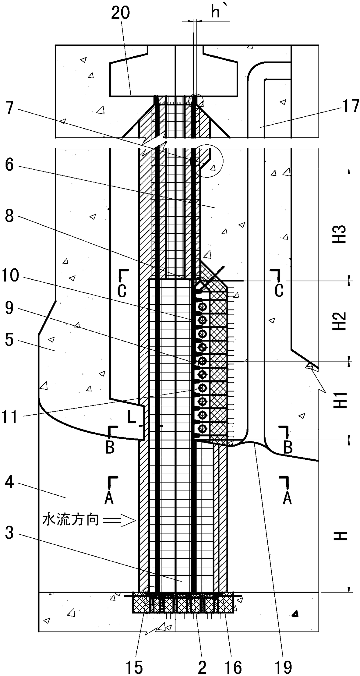 A super-high water head planar sliding accident gate groove structure