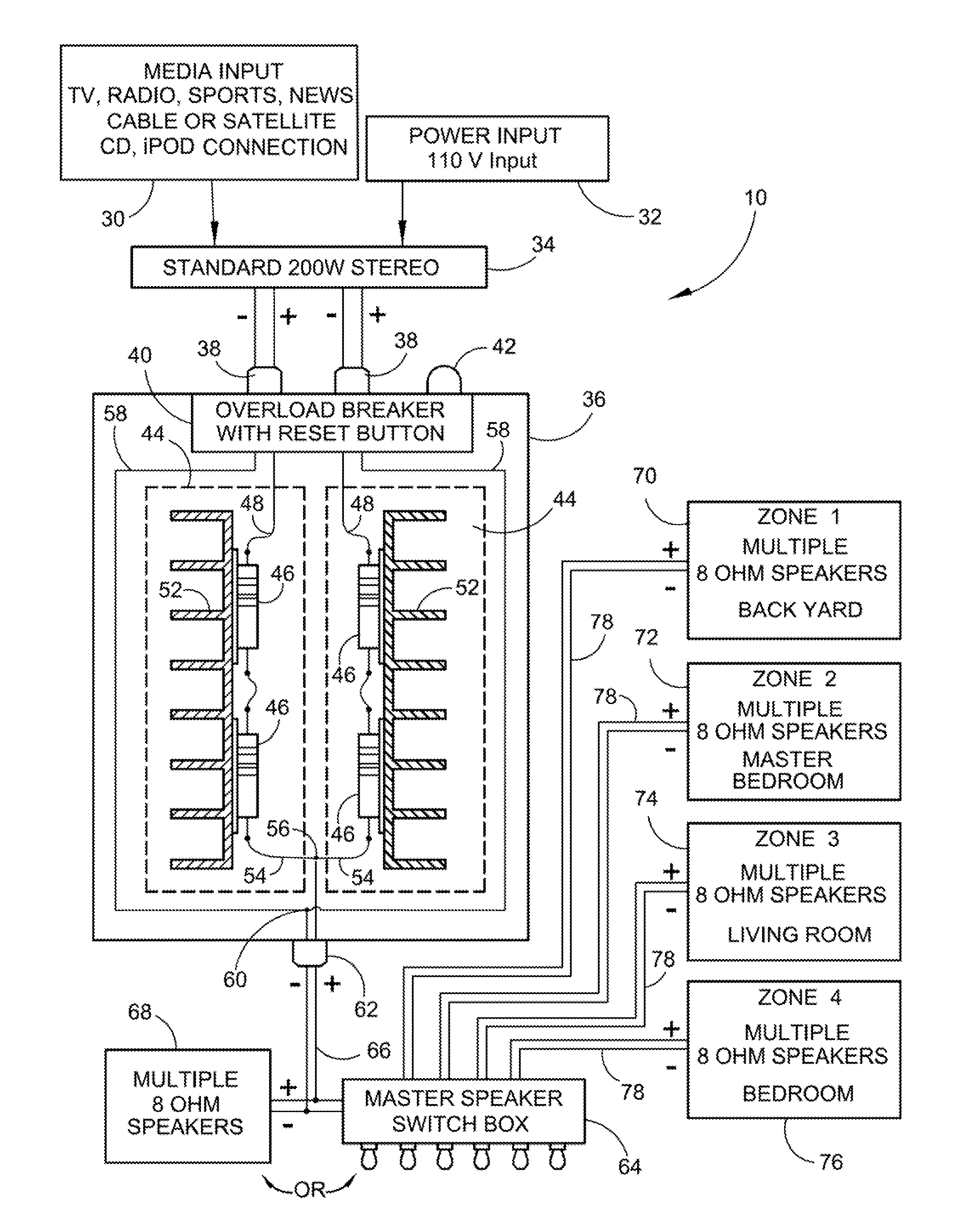 Stereo to monaural multi-speaker parallel wiring system