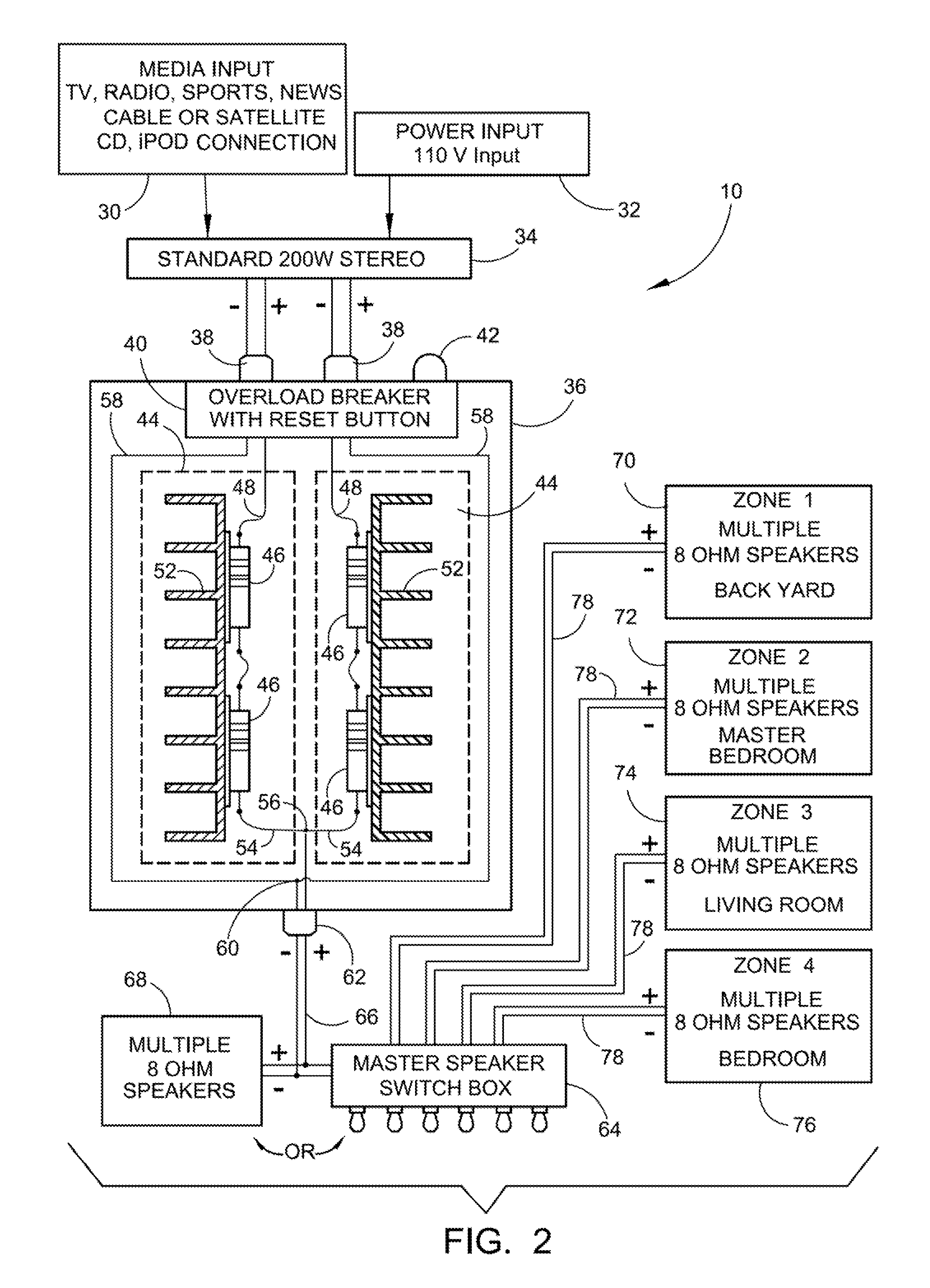 Stereo to monaural multi-speaker parallel wiring system