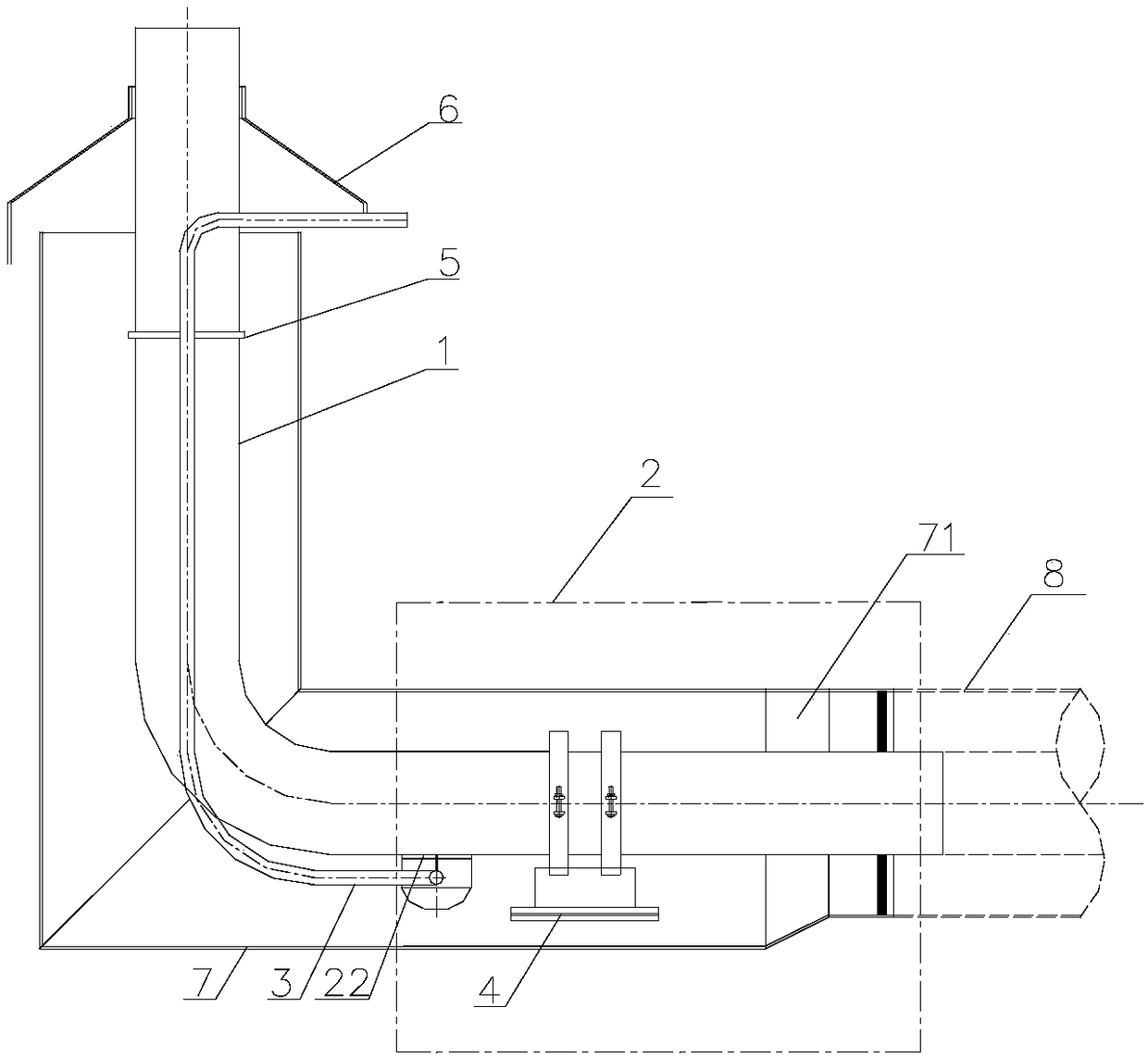 Steel jacket steel bent pipe dewatering structure for connecting direct burial and overhead steam pipes
