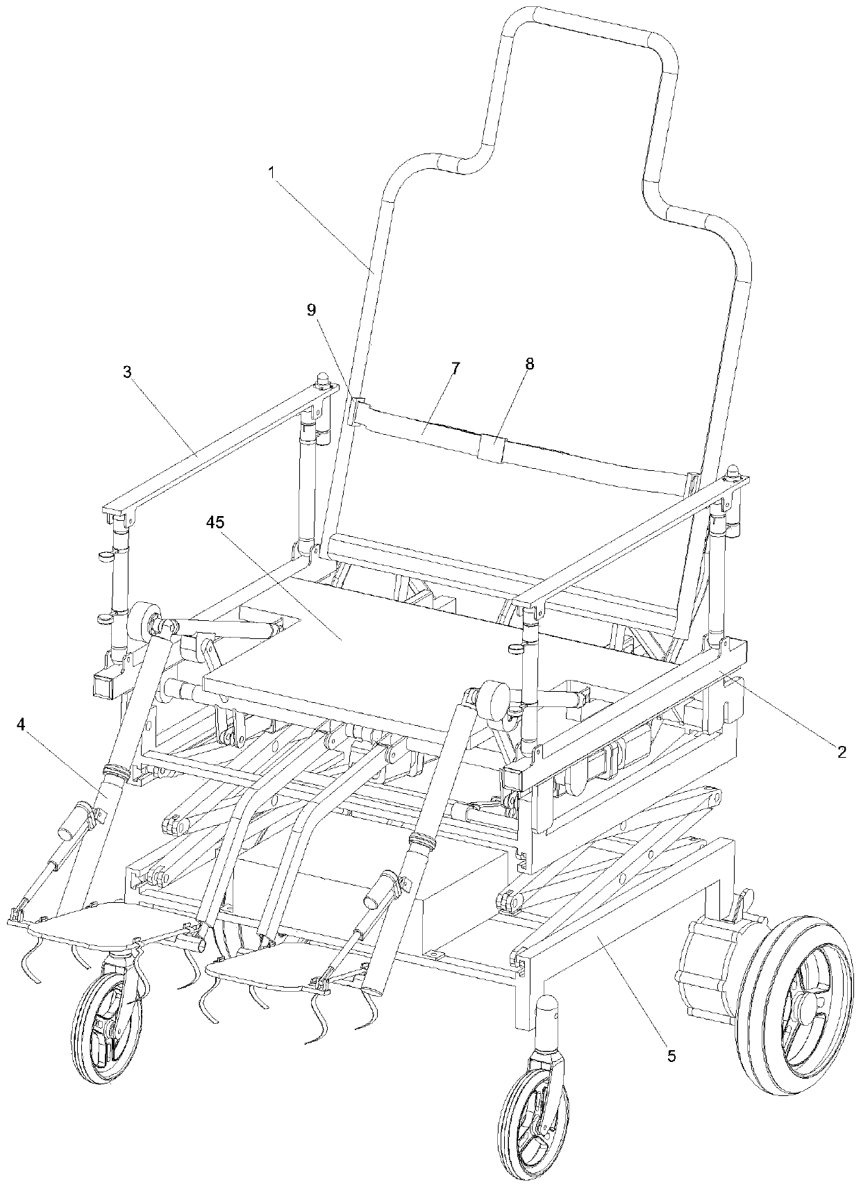 A lower limb rehabilitation device mounted on a wheelchair