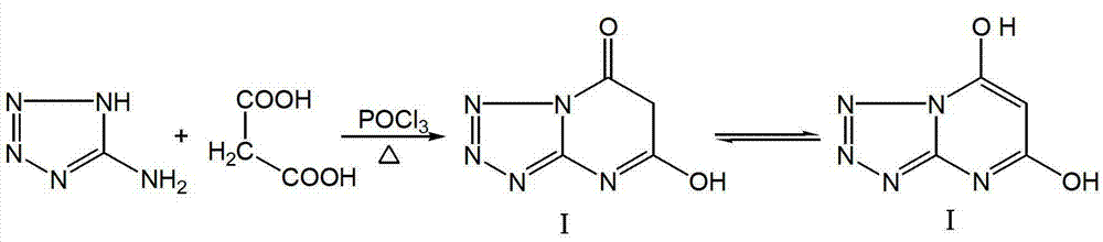 Compound I tetrazole (1, 5-a) pyrimidine-5, 7-diol and synthetic route thereof