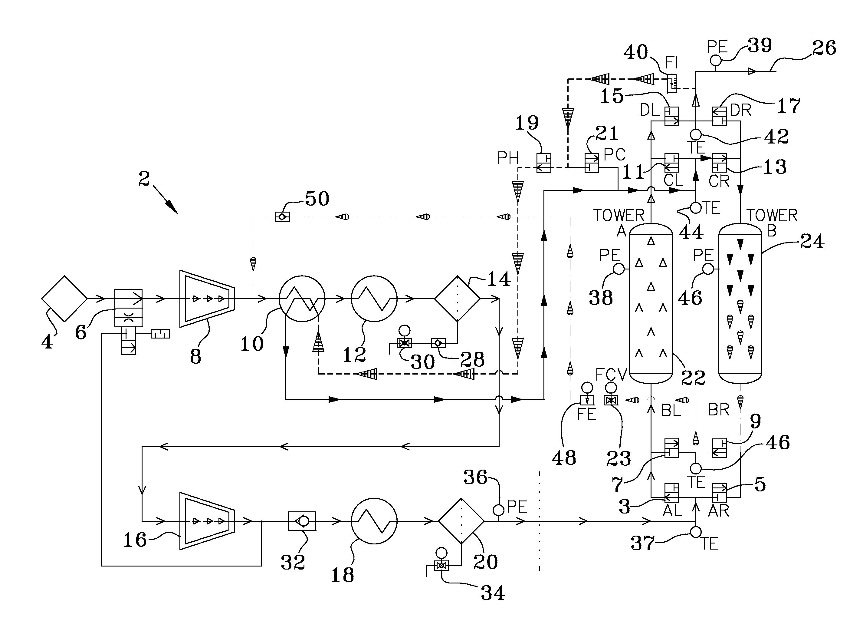 Recycled purge air dryer system and method of use