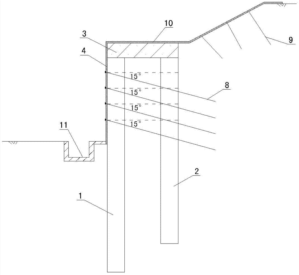 Combined supporting construction method of two rows of grouting piles and pull anchoring and shotcreting layer