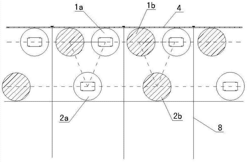 Combined supporting construction method of two rows of grouting piles and pull anchoring and shotcreting layer