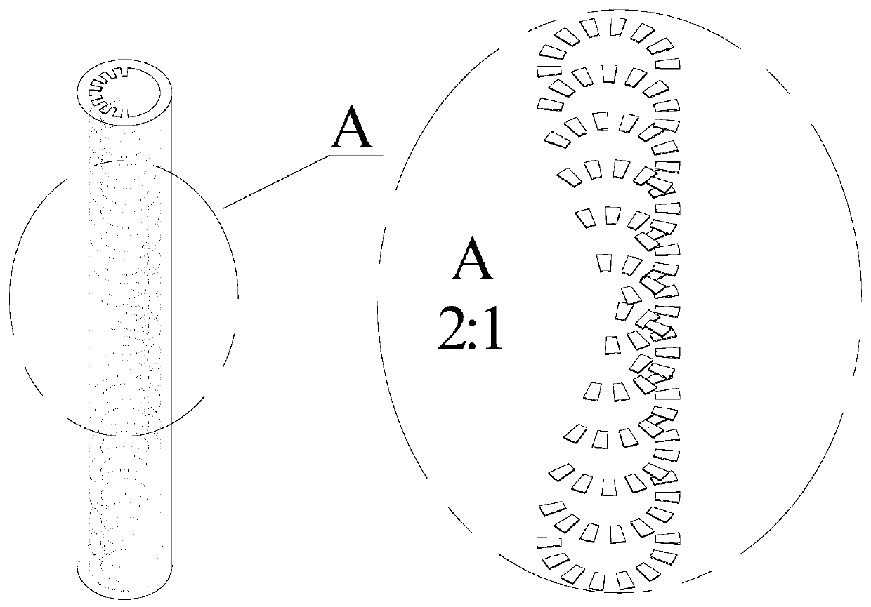 A vacuum heat collecting tube with helically advancing semi-circumferentially distributed fin bodies
