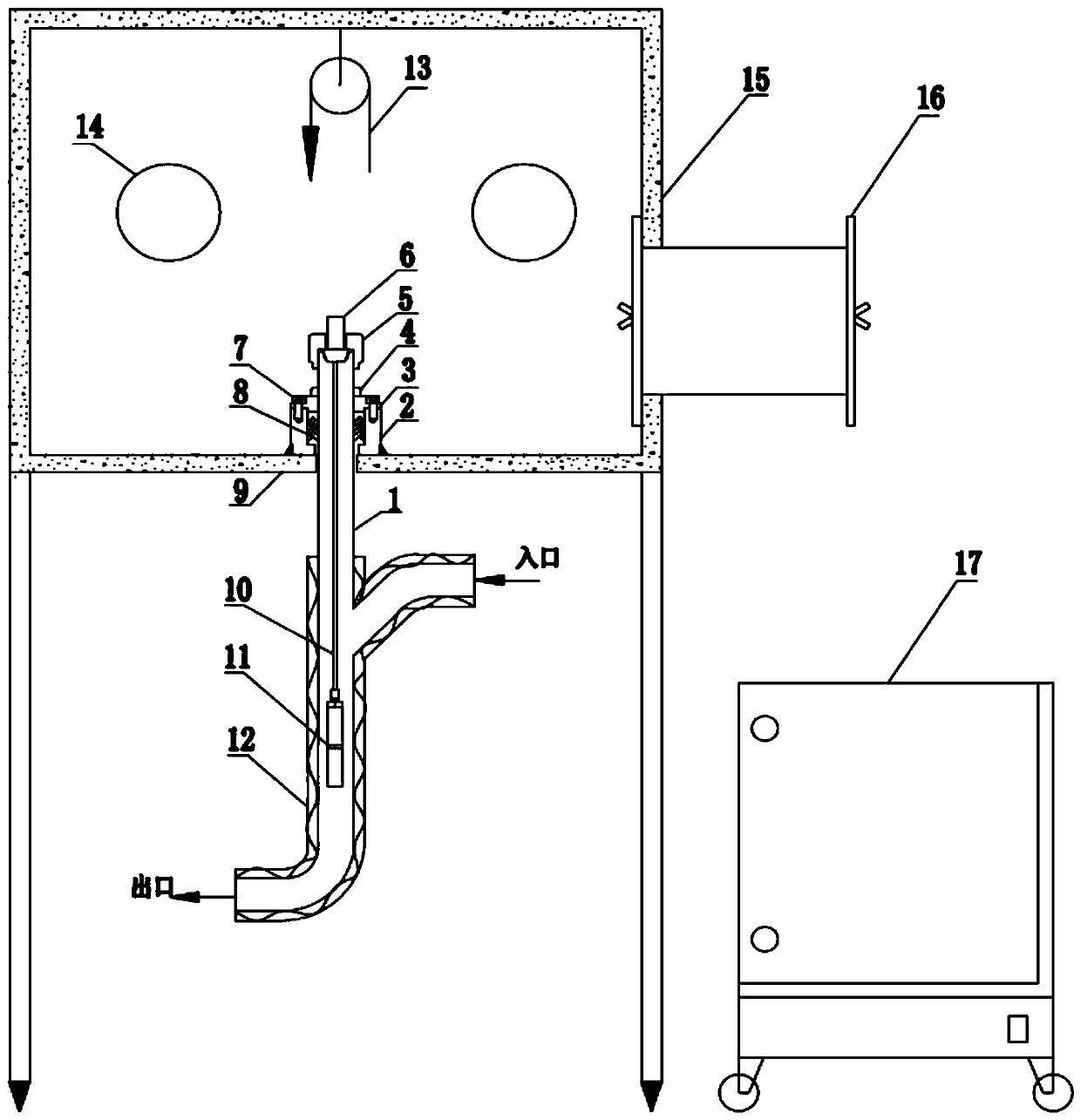 A corrosion test device and method for liquid lead or liquid lead-bismuth alloy