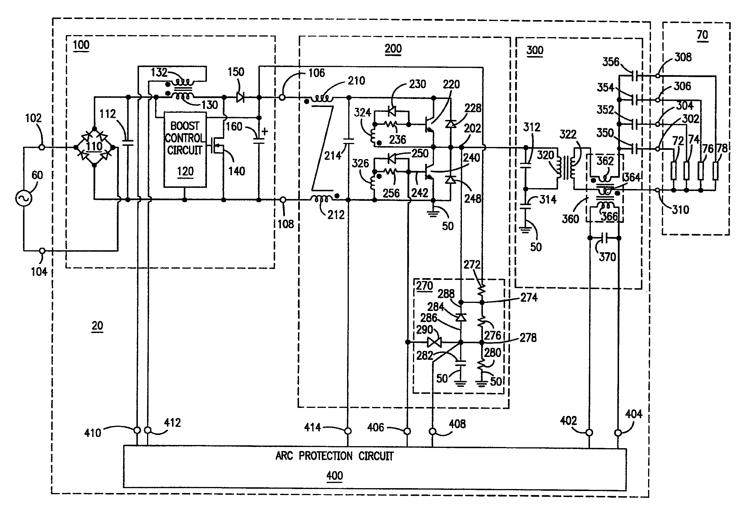 Ballast with arc protection circuit
