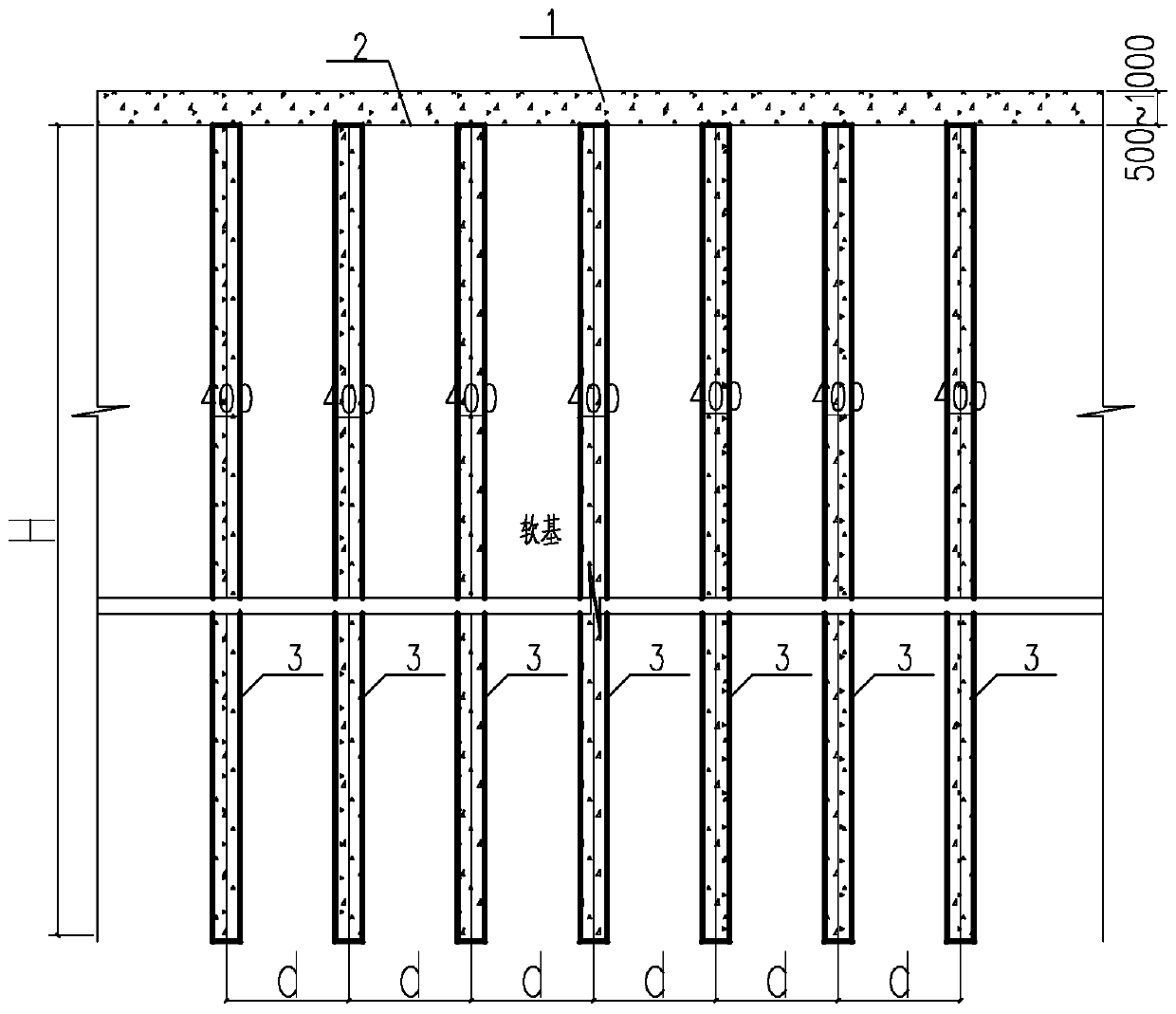 Reinforcing and surcharge structure used for preventing deep soft foundation dump against floor heave and instability